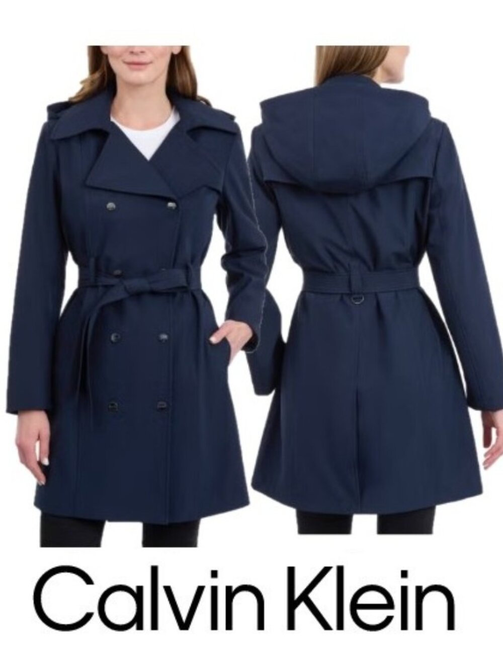 NWT Calvin Klein Women's Hooded Trench Coat, Navy, Water resistant